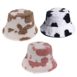Women Winter Warm Thicken Fluffy Plush Bucket Hat Vintage Milk Cow Printed Wide Brim Sunscreen Packable Panama Fisherman Cap 8 colors