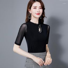 Women's Blouses & Shirts Women Shirt Summer Half Sleeve Women's Korean Casual Beading Blusas Femininas Hollow Out Blouse Black 20211