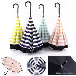 Creative Double Layer Pongee Stripe Reverse Umbrella Straight Long Handle Umbrella C-type Sun Protection Portable Umbrellas WDH0882