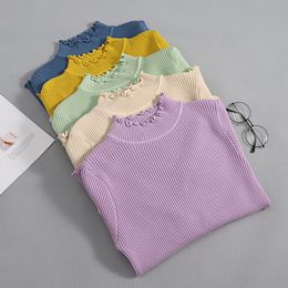 GIGOGOU Candy Colour Women Pullover Sweater Ruffled Collar Soft Female Jumper Long Sleeve Knitted Sweater Tops Pull Femme 201017