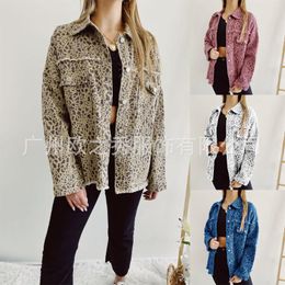 Women's Jackets Women Casual Loose Leopard Long Sleeve Denim Jacket Blouse Slim Turn-down Collar Female Streetwear Coat