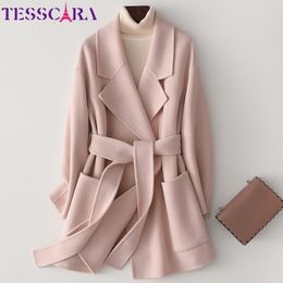 TESSCARA Women Winter Elegant Wool Blend Basic Jacket Coat Female High Quality Pink Cashmere Belt Jackets Outerwear & Coats 201103