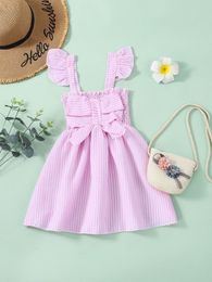 Toddler Girls Striped Bow Front Shirred Ruffle Trim Cami Dress SHE