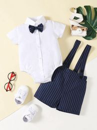 Baby Boy Bow Tie Shirt Bodysuit & Stripe Suspender Shorts SHE