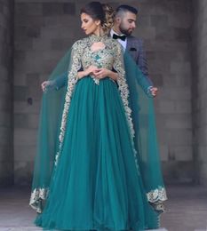 Elegant Long Arabic Dubai Evening Formal Dresses With Wrap Shawl Gold Lace Appliques 2022 A Line Hunter Muslim Prom Dress Party Gowns High Neck Special Occasion Wear