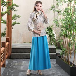 Traditional Chinese Hanfu ancient Women Cheongsam Style Vintage embroidered folk costume stand collar tang suit Party stage perfomance wear