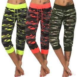 Women's High Waist Camouflage Printed Capri Leggings Ladies Elastic Stretch Drawstring Fitness Slim Yoga Sports Cropped Pants H1221