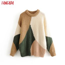 Tangada korea chic women color block sweater vintage ladies oversized soft knitted jumper tops 3H230 201222