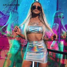 ANJAMANOR Glitter Holographic Sexy Two Piece Set Summer 2020 Woman Club Outfits Crop Top and Skirt Bodycon Short Dress D71-I02 T200702