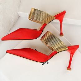 2020 Women 8.5cm High Heels Stiletto Satin Sandals Lady Sexy Gold Strap Mules Pumps Slides Scarpins Heels Silk Prom Party Shoes 0928