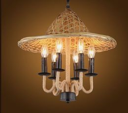 American country straw hat hemp rope chandelier lighting for dining room coffee store bar industrial loft decor hanging lamp