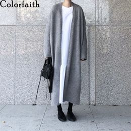 Colorfaith New Autumn Winter Women's Sweaters Korean Style Fashionable Minimalist Solid Colour Casual Long Cardigans SWC8858 201223