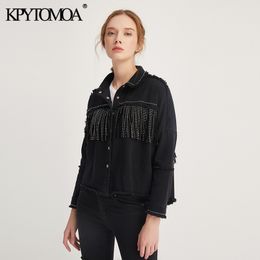 KPYTOMOA Women Fashion Tassel Beaded Oversized Denim Jacket Coat Women Vintage Long Sleeve Frayed Hem Female Outerwear Chic Tops 201106