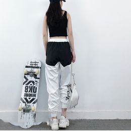 High Waist Letter Spliced Cargo Pants Women Loose Harajuku BF Ankle-Length Overalls Pants Plus Size Hip Hop Women's sports pant 201119
