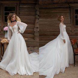Long Sleeves A Line Wedding Dresses Sexy Sweetheart Appliques Lace Beads Bridal Gowns Sweep Train Beach Ruched Chiffon Vestidos De Novia