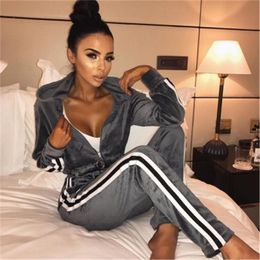 Women Striped Gold Velvet Sets Fashion Trend Cardigan Zipper Hooded Tops Pants Suits Designer Spring Female Thermal Casual Loose Tracksuits