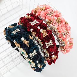 European American Fashion Ins Fabric Flower Diamond Inlaid Pearl Wide-sided Sponge Headband Super Fairy Headband Hair Accessory