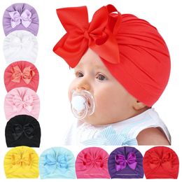 10 Colors Baby Hats Cute Girl Boy Knot Indian Big Bow Turban Headdress Cap Kids Head Wrap Solid Soft Headwrap Ribbed Cotton Infant Toddler Hairband Beanie