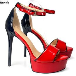 Rontic Handmade Women Platform Sandals Ankle Strap Sexy Stiletto Heels Open Toe Gorgeous Red Pink Black Party Shoes US Size 5-20