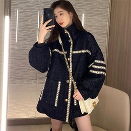 Autumn Oversize Tweed Jacket For women Stand Collar Vintage Single-breasted casual Loose Jackets Coat outwear Female 201127