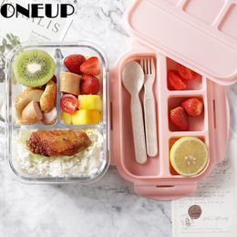 ONEUP Lunch Box For Kids Glass Microwave Bento Box Food Container With Compartment Storage School Leakproof Kitchen Comida Y200429