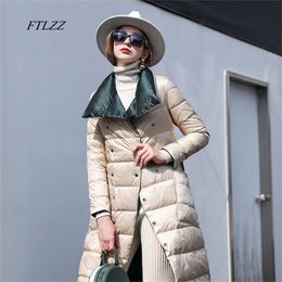 FTLZZ Women Double Sided Down Long Jacket Double Breasted Snow Outwear Warm Parka Stand Collar Lapel 90% White Duck Down Coat 200923