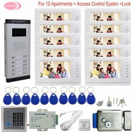 Video Door Phones 7" Colour Intercom 10 Apartments Housephone To House Access Control System + Electronic Lock Camera1