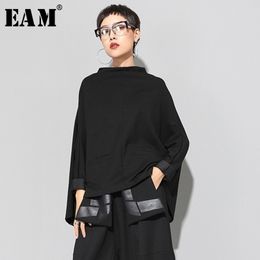 [EAM] New Spring Stand Collar Long Sleeve Black Loose Irregular Big Size Cloak Sweatshirt Women Fashion Tide JI949 201102