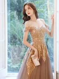 Gold Evening Dress Winter Off Shoulder Newest Sexy Bling Sequins Sweep Train Ladies Catwalk Party Wear In Stock Robe de soirée