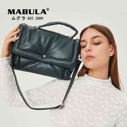 Nxy Handbag Mabula Women Quilted Design Feather Down Padded Leather Satchels Female Winter Fashion Crossbody Bags Zipper Small Tote 0208