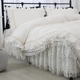 Free shipping princess ruffles white lace cutout embroidered luxury bedding set cotton ropa de cama bed skirt bedspreads YYX T200706