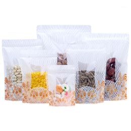100Pcs/Lot Stand Up Bag With Clear Window Flower Printed White Plastic Self Seal Reusable Reclosable Snack Pouches Storage Bags