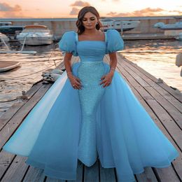 Glitter Sequins Evening Dresses With Detachable Train Ruched Tulle Prom Dress Light Sky Blue Square Neck Elegant Custom Made Robe De Soirée