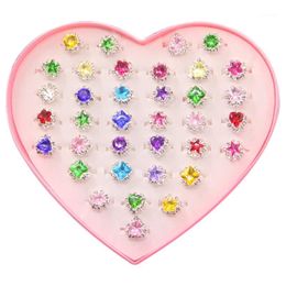 36pcs Colourful Rhinestone Gem Rings in Box, Adjustable Little Girl Jewel Rings in Box Children Kids Little Girl Gift, Pre1