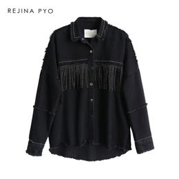 metal cover buttons Canada - BIAORUINA Women Black High Quality Loose Denim Jacket Coat Sequined Tassels Streetwear All-match Metal Covered Button Outerwear 201014