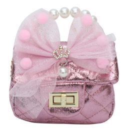 New Kids Girls Pearl Gauze Bow Princess Handbags Children Mini Accessories Change Purse Cute Baby Metal Chain Messenger Bags C6719