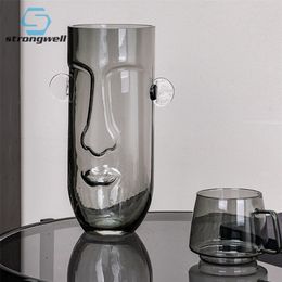 Stongwell Nordic 3D Face Hydroponics Glass Vase Modern Art Wedding Display Grey Flower Vase Home Decoration Living Room Gift LJ201209