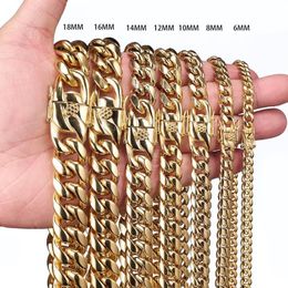 Super Hot Selling 12/14/16/18mm Width 18/20/22/24/26inch Yellow Gold Plated Stainless Steel Cuban Chain Necklace for Men Women Jewelry