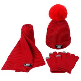 Three-piece Beanie Hat Scarf Gloves Set Baby Girls Children Faux PomPon Knitted Skullies Hats Kids Winter Warm Wool Crochet Caps Y201024