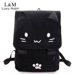 Cute Cat Canvas Backpack Cartoon Embroidery Backpacks For Teenage Girls School Bag Fashio Black Printing Rucksack mochilas XA69H LJ201225