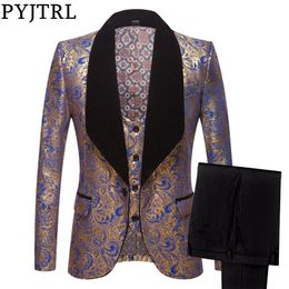 PYJTRL Mens Three-piece Set Wedding Suits Gold Floral Pattern Slim Fit Party Prom Dress Tuxedo Singers Costume Smoking Uomo 201105