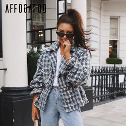 Affogatoo Casual loose women plaid tweed jacket coats Lantern sleeve streetwear coats Elastic high waist ladies outwear jackets 201023