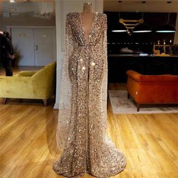 2021 Gold Glitter Evening Dresses Dubai Sequins Beads Deep V Neck Mermaid Prom Dresses Luxury Long Sleeves Front Split Pageant Dress Custom