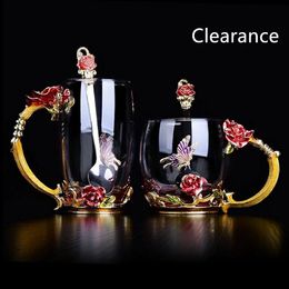 Hand-made Enamel Coffee Mug Crystal Cup Milk Lemon Flower Tea High-grade Glass Drinkware Gift Couple For Lover Wedding 220311