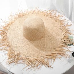 Handmade Weave 100% Raffia Sun Hats For Women 15cm Large wide Brim Straw Hat Outdoor Beach hats Summer Caps Chapeu Feminino Y20071196A
