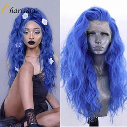 braids machine UK - Charisma Blue Wigs Synthetic Lace Front Wig with Baby Hair High Temperature Hair Water Wave Wigs for Black Women Cosplay Wig 220121