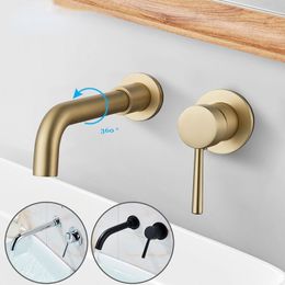 Bathroom Basin Faucet Brushed Golden Concealed Wall Mounted Faucet Tap 360 Rotation Single Handle Hot Cold Water Bath Mixer Tap