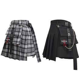 Adomoe Women High Waist Shorts Skirts with Pocket Japan Harajuku Hard Girl Vintage Plaid Irregular Pleated Fashion Mini Skirt T200712