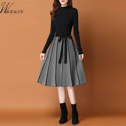 Elegant Knitted pleated Female Autumn Winter Long Sleeve Sweater Women Office Lady Casual Midi Dress 201028