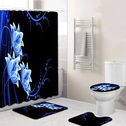 4PCS Sea Style Non Slip Toilet Polyester Cover Mat Set Bathroom Shower Curtain T200711